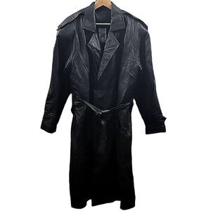 INXS Men's 90s Y2k Long Black Leather Trench Coat - Fleece Lined, Belted - SZ L